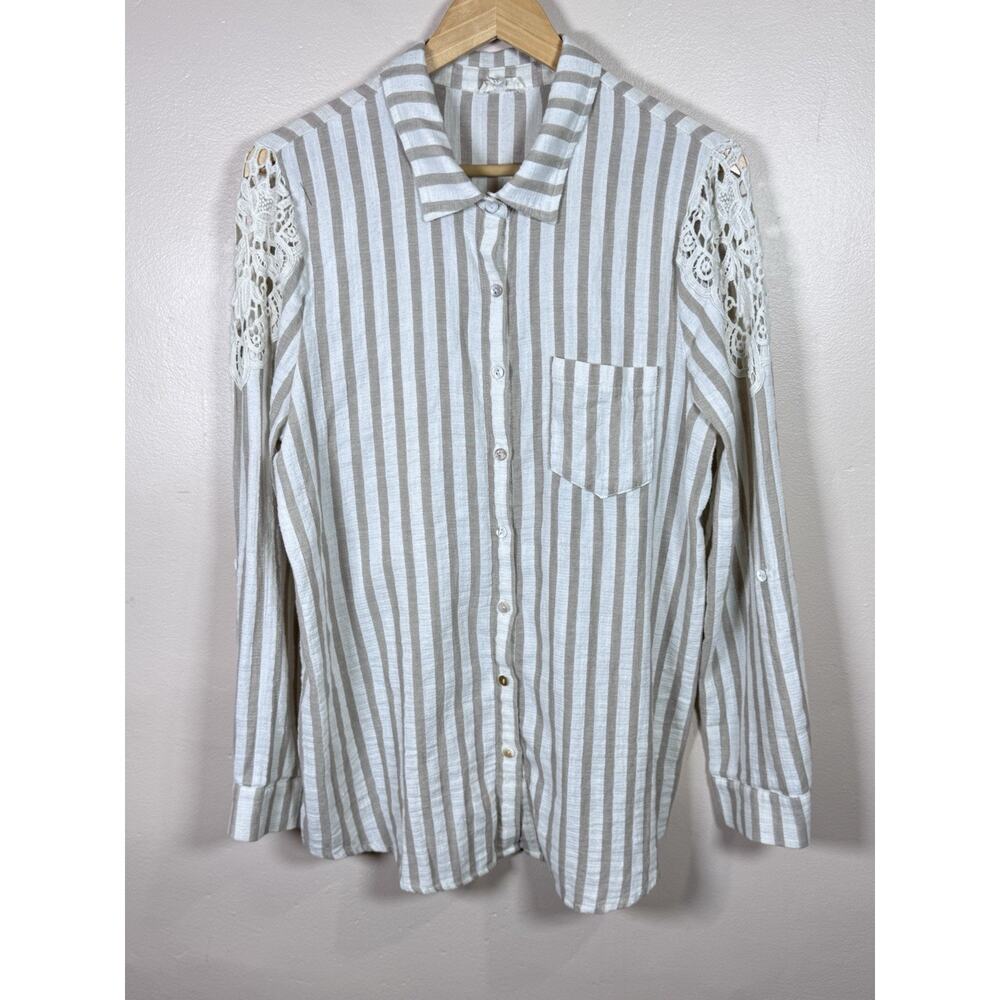 Oddi Womens Button Down Shirt Slub Knit Cotton Crochet XL Boho Beach Coastal